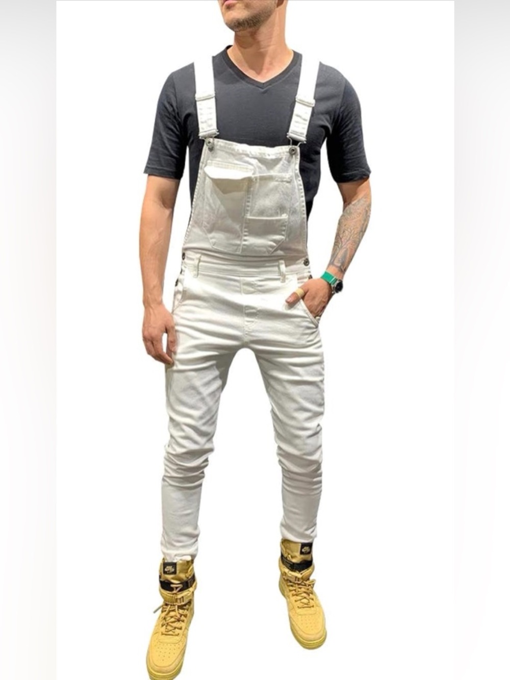 NWT LONGBIDA Men's Denim Bib Overalls Fashion Slim Fit Jumpsuit with Pockets